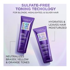 EVER TRIED AMERICA'S #1 PURPLE SHAMPOO*? EverPure Purple corrects brassy tones while leaving hair moisturized & brighter. Sulfate Free, Vegan Formula. L'Oreal Paris Sulfate Free Purple Conditioner for Toning Blonde Hair, EverPure 6.8 fl oz; Tone your color Purple shampoo and conditioner correct brassy yellow and orange tones Purple toning shampoo and moisturizing conditioner for color treated blonde, bleached, highlighted brown, silver hair Formulated without sulfates, parabens, DMDM hydantoin, Brown Silver Hair, Toning Blonde Hair, Purple Conditioner, Purple Shampoo And Conditioner, Shampoo Reviews, Toning Shampoo, Orange Tones, Pigment Coloring, Moisturizing Conditioner