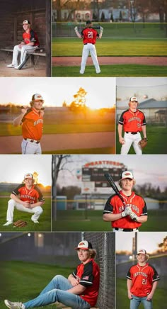 some baseball players are posing for pictures in their uniforms and hats, with the sun setting behind them