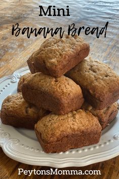 several muffins stacked on top of each other in front of the words, mini banana bread