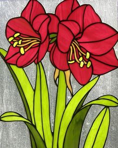 a painting of red flowers in a vase on a window sill with green stems