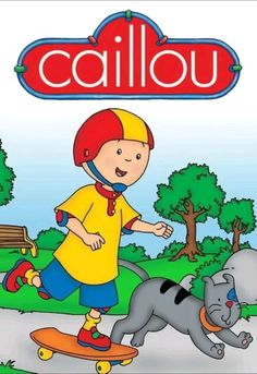 a young boy riding a skateboard next to an elephant on a sidewalk with the word callou above him