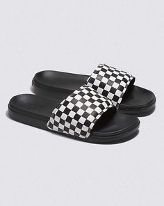 Vans | La Costa Slide-On Checkerboard True White/Black Sandals Adjustable Black Flip Flops For Surfing, Casual Black Sandals For Surfing, Vans Aesthetic, Vans Socks, Fashion Chinese, Vans Hats, Vans Checkerboard, Saltwater Sandals, High Heel Slippers