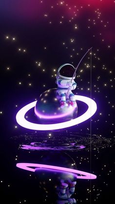 an astronaut floating in the air on top of a purple object with lights around it