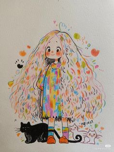 a drawing of a girl standing next to a black cat