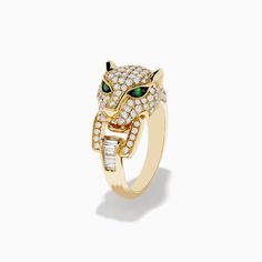 Effy Signature 14K Yellow Gold Diamond and Emerald Panther Ring Luxury 14k Gold Collectible Rings, Panther Ring, Effy Jewelry, Yellow Stone, Jewelry Stand, Gold Yellow, Panther, Gold Diamond, Gold Metal