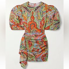 Rhode Pia Draped Ruched Printed Cotton-Voile Mini Dress Size Xs Rhode A-Line Dress Orange Printed Three-Quarter Sleeve With Crew Neck Concealed Zip Closure At Back Bust: 31" Waist: 26.75" Hip: 31.75" Length: 36" Fabric: 100% Cotton Multicolor Ruched Silk Dress, Multicolor Fitted Draped Dress, Random Clothes, Worrying Too Much, 80s Look, Paisley Flower, Ruched Skirt, Fashion Mood Board, Dress Orange