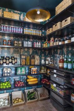 the shelves are filled with many different types of food