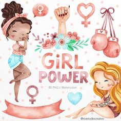 watercolor girl power clipart set with flowers, hearts, and other feminine symbols