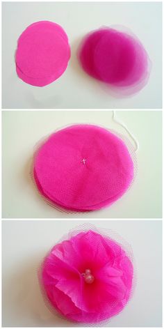 three different pictures of pink tulle hats