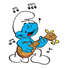 the smurf is playing his guitar and singing