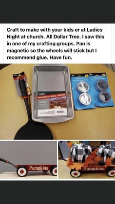 a collage of photos showing the contents of a toy truck and other items on a table