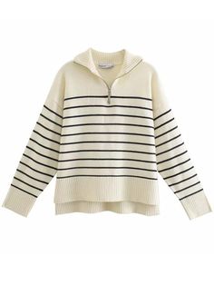 New Fashion Stripe Loose Knitting Sweaters Vintage Long Sleeve Asymmetry Female Pullover Tops Split Sweater, Textured Sweater, Zippered Sweater, Striped Turtleneck, Knitting Women Sweater, Zip Up Sweater, Casual Sweaters, Outfit Casual, Winter Sweaters