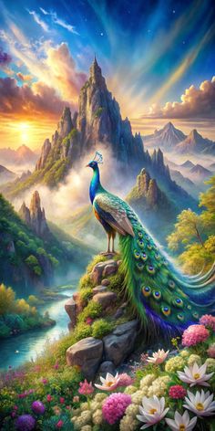 a painting of a peacock sitting on top of a hill with mountains in the background