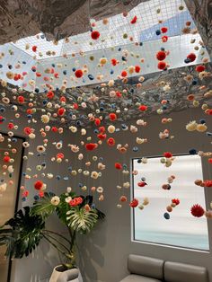 a living room filled with lots of colorful balls hanging from the ceiling and potted plants