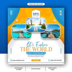 a travel flyer with an image of the world in blue, yellow and orange colors