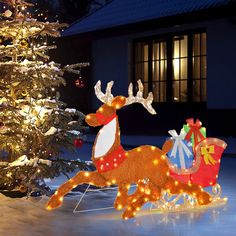 a lighted reindeer sleigh in front of a christmas tree