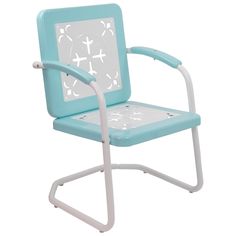 a blue and white chair with cross designs on it