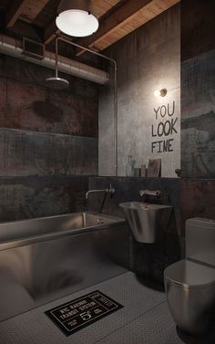 an image of a bathroom setting with the text you look at me on the wall