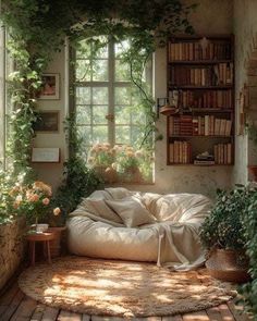 a room filled with lots of plants next to a window and bookshelf on the wall