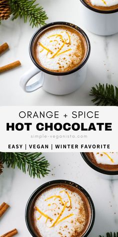 two mugs filled with orange and spice hot chocolate