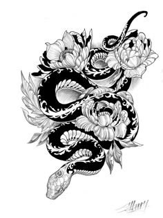 a black and white drawing of a snake with flowers on it's back end