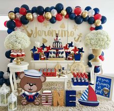 a teddy bear themed birthday party with balloons and decorations