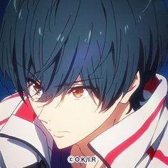 an anime character with black hair and brown eyes looking at something in the distance while wearing a red and white striped shirt