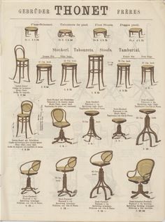 an old book with different types of chairs and stools