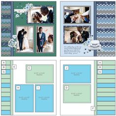 the layouts for this wedding album are blue, green and gray with white details