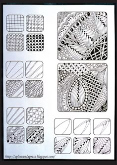 a page with different patterns and shapes in black and white ink on the pages is shown