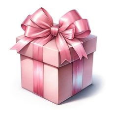 a pink gift box with a large bow on it's top and ribbon around the bottom