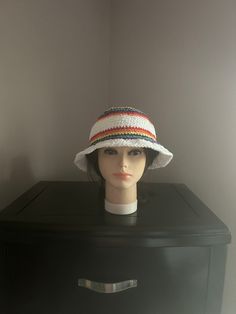 Hand crochet Rainbow bucket hat.  Crochet with 100% cotton yarn. Fits an average size head.  Gender neutral. Size: 21 x 8.5 Custom orders welcome. . Vacation Cotton Crochet Hat With Short Brim, White Adjustable Crochet Bucket Hat, Adjustable White Crochet Bucket Hat, White One Size Bucket Hat, Casual White Wide Brim Mini Hats, White Crochet Bucket Hat, One Size, White Crochet Hat With Short Brim For Vacation, White Cotton Yarn Crochet Hat For Spring, White Crochet Hat With Curved Brim For Summer