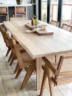 Angled view of White Oak Live-Edge Table against a white wall. - Saffron and Poe White Oak Table, Coastal Dining Room, Wood Dining Room Table, Garden Retreat, Coastal Dining, Kitchen Table Wood, Desain Furnitur Modern, Long Dining Table, Victorian Garden