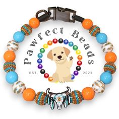 an orange and blue beaded bracelet with a dog's name on the front