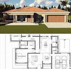 two story house plan with 2 car garage and living room in the front, one bedroom on