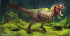 an artist's rendering of a dinosaur with its mouth wide open in the forest