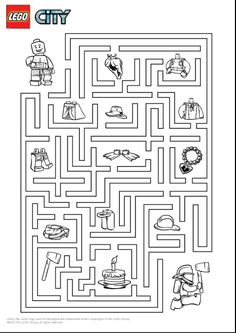 the lego city maze is shown in black and white, with instructions to help children learn how