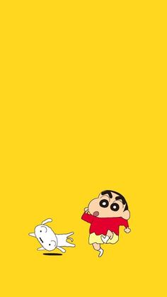 two cartoon characters are playing with each other on a yellow background, one is jumping and the other is running