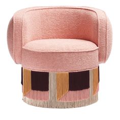 an upholstered pink chair with multicolored stripes and fringes on it