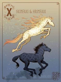 two horses that are standing next to each other on a card game cover with the words skinfax and hrimeax