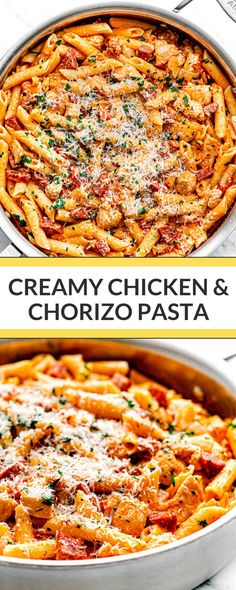 creamy chicken and chorizzo pasta in a pan with the title overlay above it