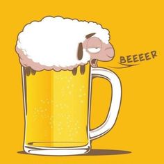 a beer mug with a sheep sticking its head in it