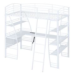 a white metal bunk bed with stairs and desk underneath the ladders, on an isolated white background