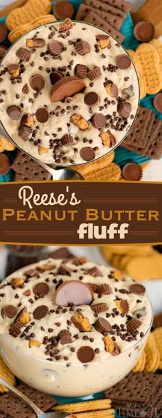 the peanut butter fluff dessert is ready to be eaten with chocolate chips and marshmallows