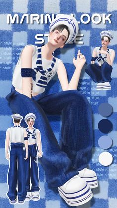 an image of a woman in sailor outfit sitting on a blue and white checkered blanket