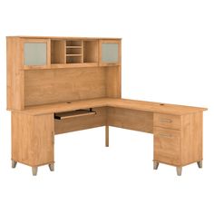 an l - shaped desk with hutch and drawers on the left side is shown