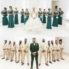 the wedding party is all dressed up in green and white attire, posing for pictures