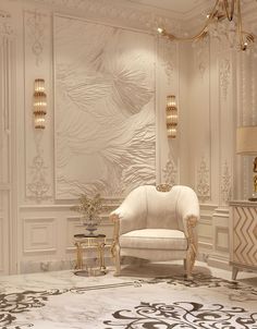 an elegant living room with white furniture and gold accents on the walls, along with a chandelier