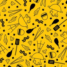 a yellow background with black and white food related items in the shape of an image