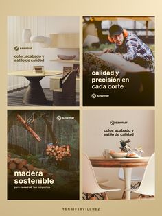 four different images with the words madera sosteniblee on them in spanish and english